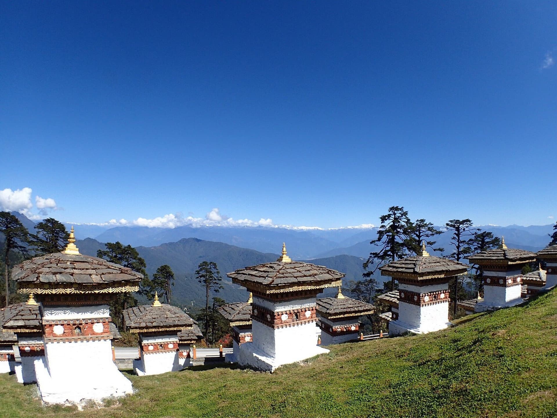 Scenic Dochula Pass in Thimphu, illustrating the peaceful nature of Bhutan travel.